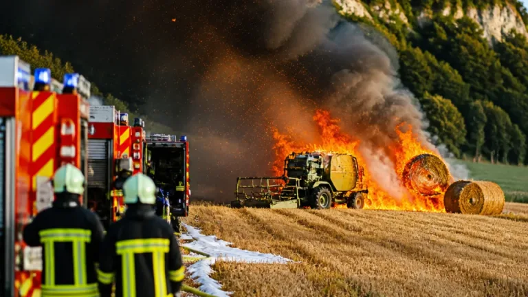 Ballenpresse in Laufen in Brand – Feuer griff wegen Trockenheit und Wind rasch auf Feld und Böschung über