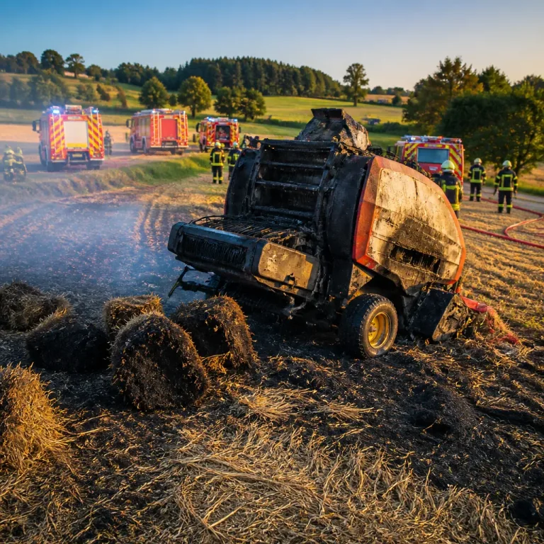 Ballenpresse brennt bei Heuarbeiten – Schaden rund 90.000 Euro, Feldbrand verhindert