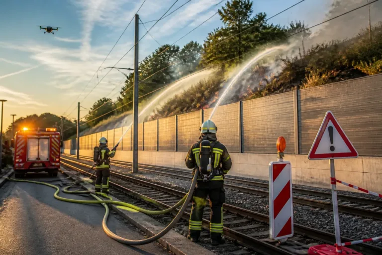 Böschungsbrand an A40: Feuerwehr stoppt Flächenbrand – Tramverkehr vorübergehend eingestellt