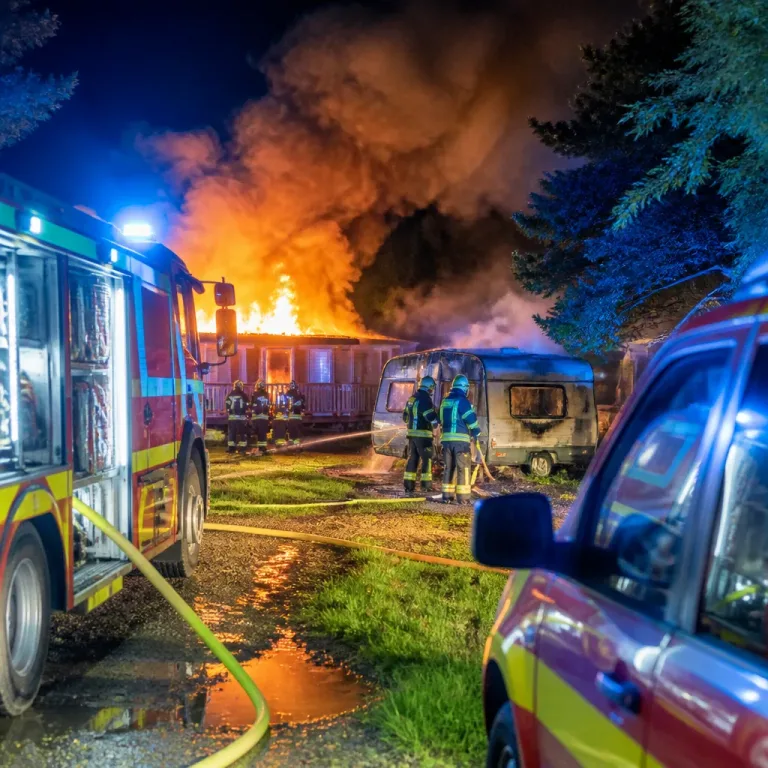 Mobilheim am Stover Strand steht in Vollbrand – Feuerwehren verhindern Ausbreitung
