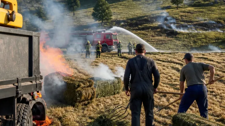 Heu in Steinen durch heissen Auspuff in Brand geraten – Feuerwehr konnte Fläche löschen