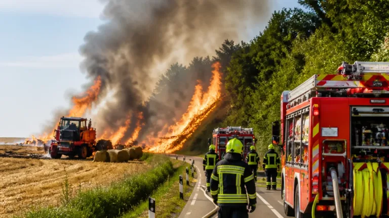 Heuballen und Ballenpresse lösen Feld- und Böschungsbrand in Laufen aus