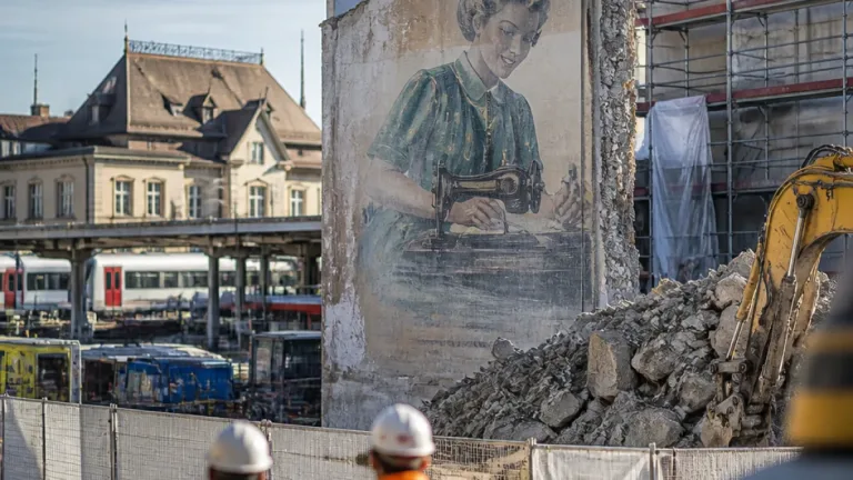 Historische Bernina-Werbung in Zug nach Hausabbruch sichtbar