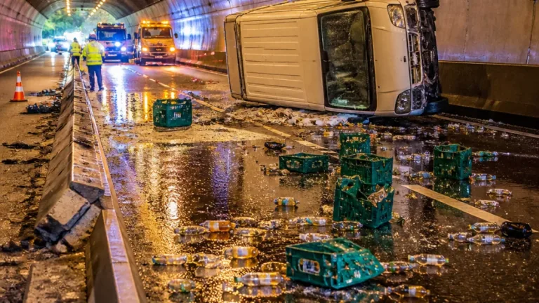 Lieferwagen prallt im Schorentunnel gegen Verkehrsteiler und kippt auf Fahrbahn