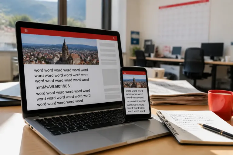 Lokale Nachrichtenseite in Freiburg zeigt Platzhaltertext und technische Störung