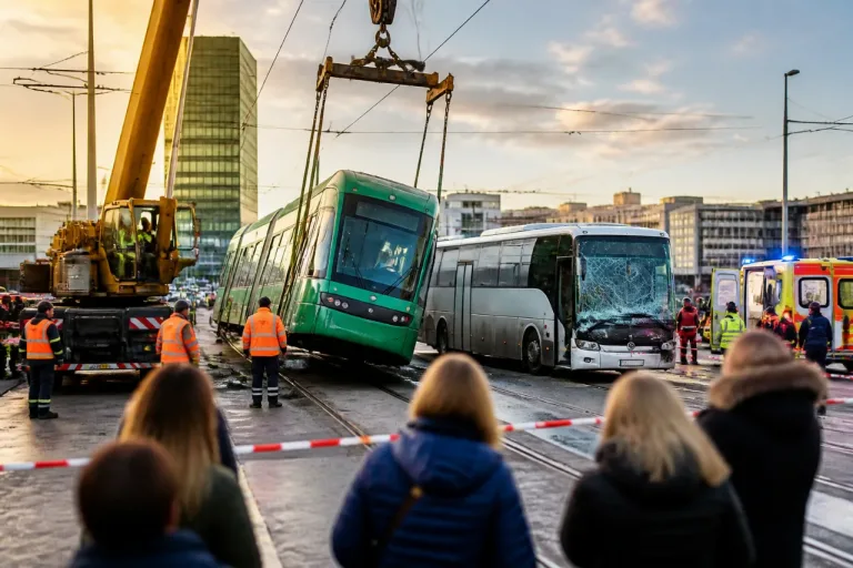 Reisecar hebt Tram aus den Schienen: Tramverkehr am Messeplatz stundenlang unterbrochen