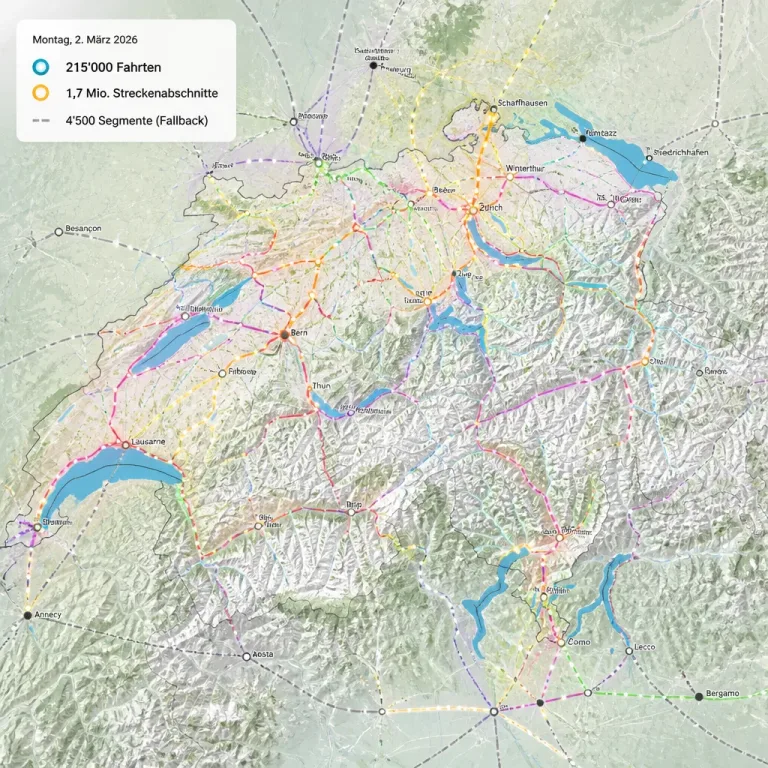 So zeigt eine Visualisierung den Schweizer ÖV an einem Tag — Daten, Methode, Grenzen