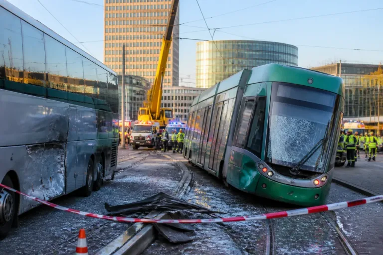 Tram der Linie 11 entgleist nach Kollision mit Reisecar am Messeplatz