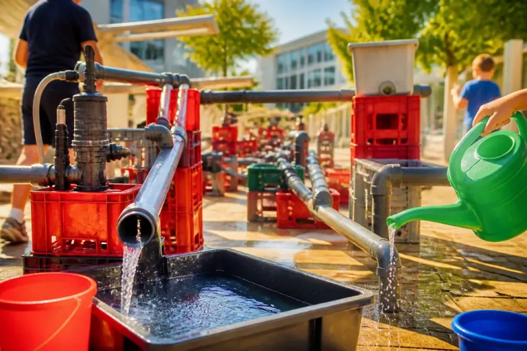 Wasserbaustelle des Freiburger Spielmobils: Experimentieren mit Rohren und Kisten am 7. und 8. Juli